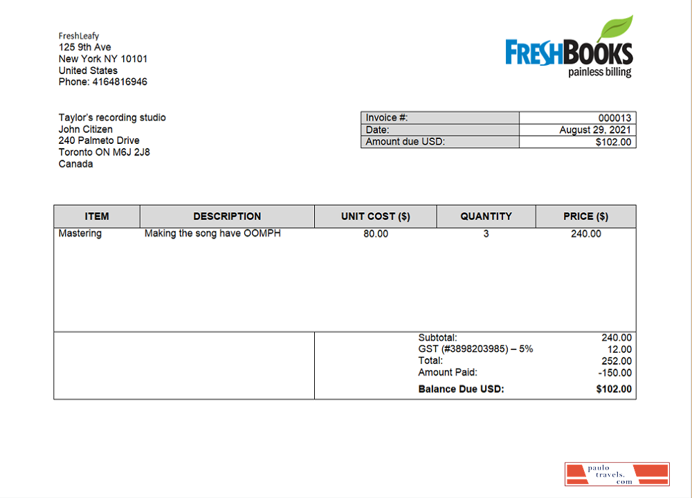 USA FreshBooks Company invoice PSD template